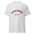 Unisex heather gray t-shirt featuring Swarthmore College logo printed across the front chest