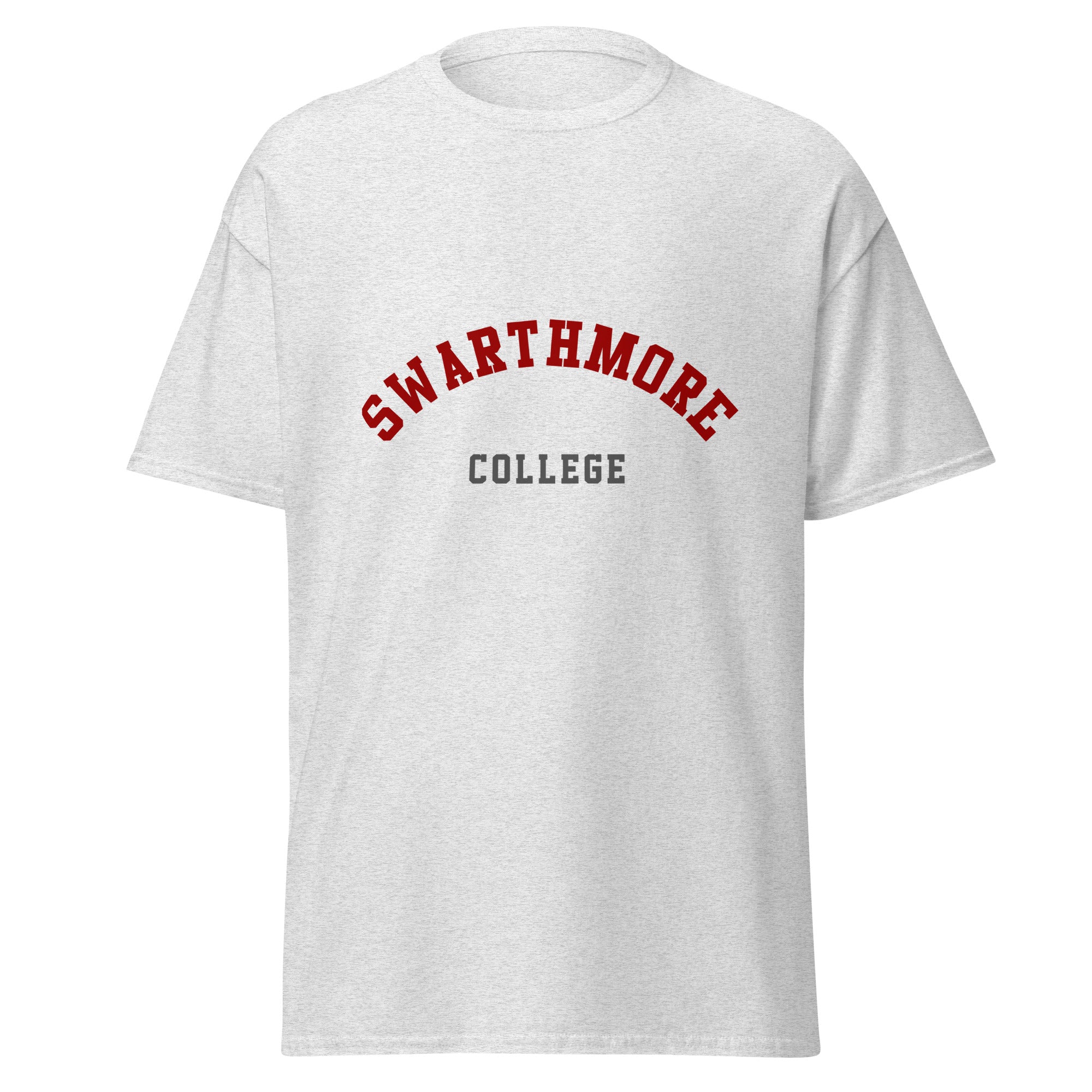Unisex heather gray t-shirt featuring Swarthmore College logo printed across the front chest