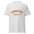 Unisex heather gray t-shirt featuring Syracuse University logo printed across the front chest
