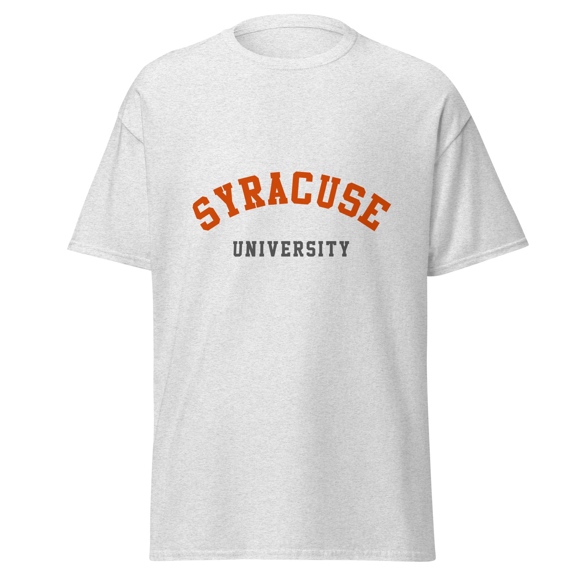 Unisex heather gray t-shirt featuring Syracuse University logo printed across the front chest