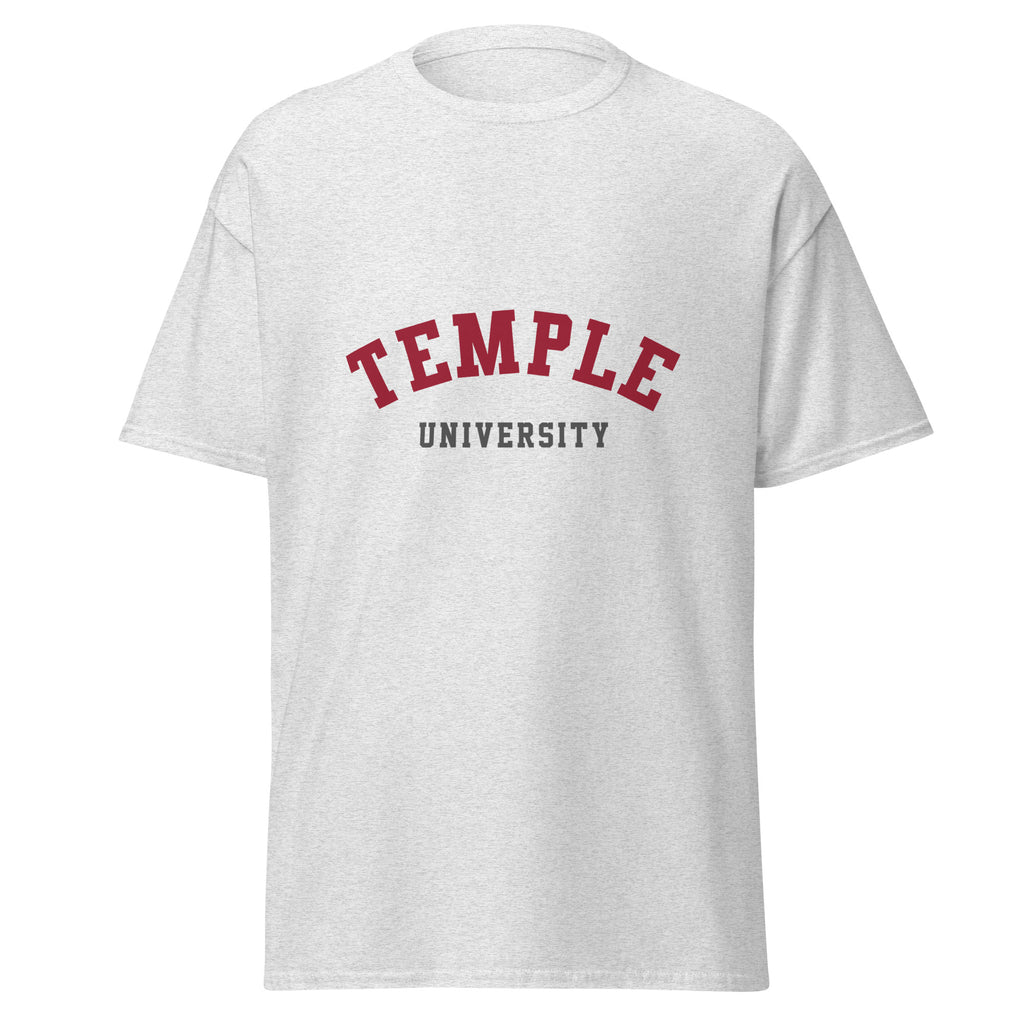 Unisex heather gray t-shirt featuring Temple University logo printed across the front chest
