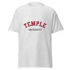 Unisex heather gray t-shirt featuring Temple University logo printed across the front chest