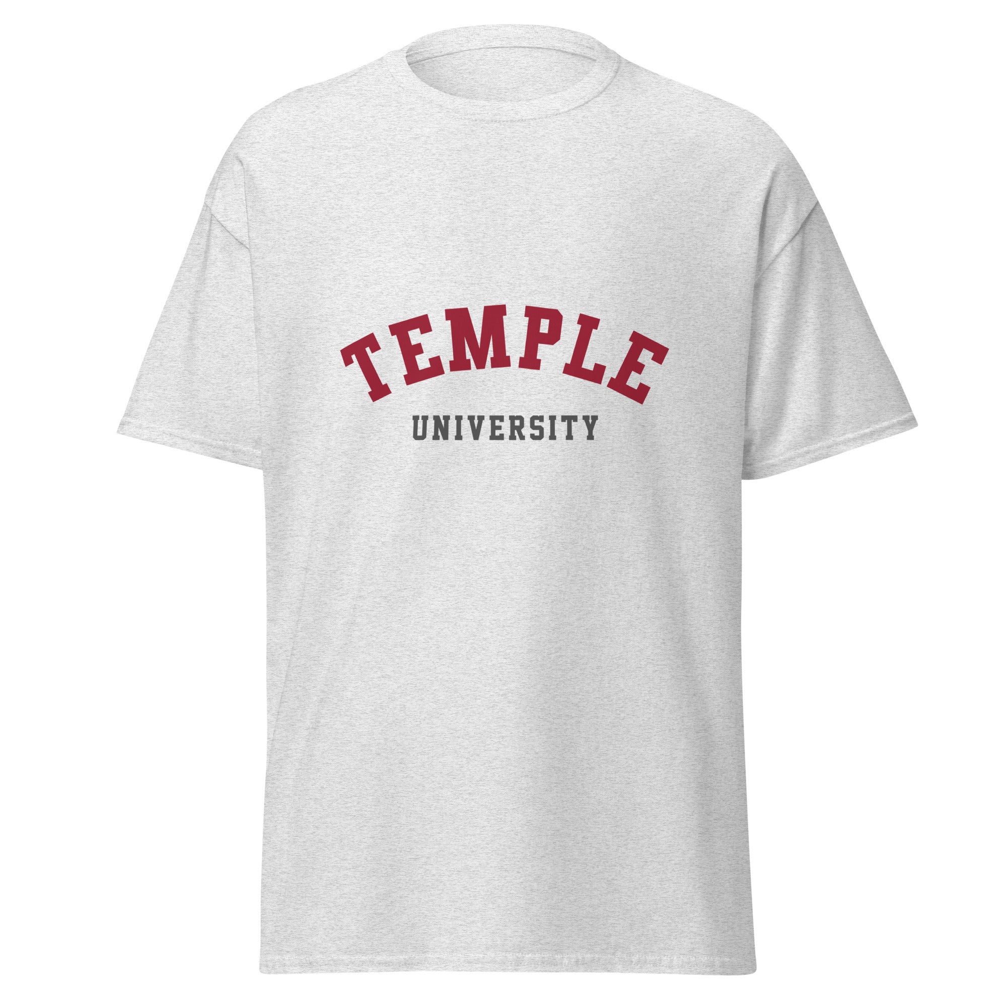 Unisex heather gray t-shirt featuring Temple University logo printed across the front chest