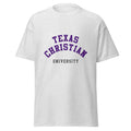 Unisex heather gray t-shirt featuring Texas Christian University logo printed across the front chest