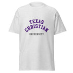 Unisex heather gray t-shirt featuring Texas Christian University logo printed across the front chest
