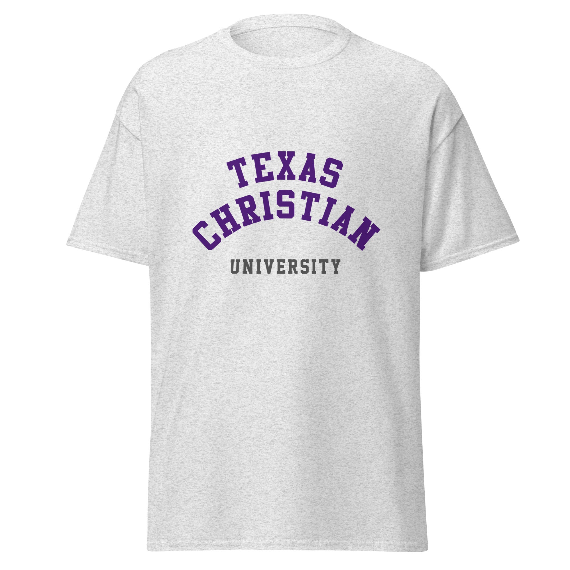 Unisex heather gray t-shirt featuring Texas Christian University logo printed across the front chest