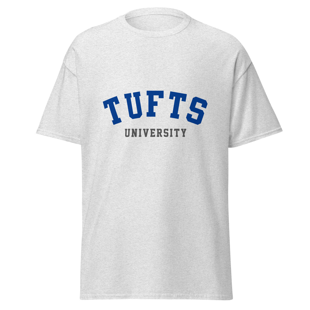 Unisex heather gray t-shirt featuring Tufts University logo printed across the front chest