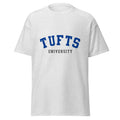 Unisex heather gray t-shirt featuring Tufts University logo printed across the front chest