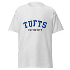 Unisex heather gray t-shirt featuring Tufts University logo printed across the front chest