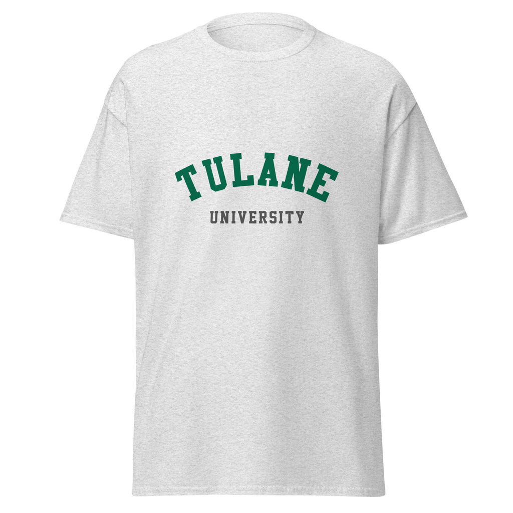 Unisex heather gray t-shirt featuring Tulane University logo printed across the front chest