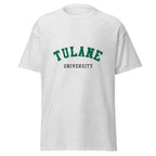 Unisex heather gray t-shirt featuring Tulane University logo printed across the front chest