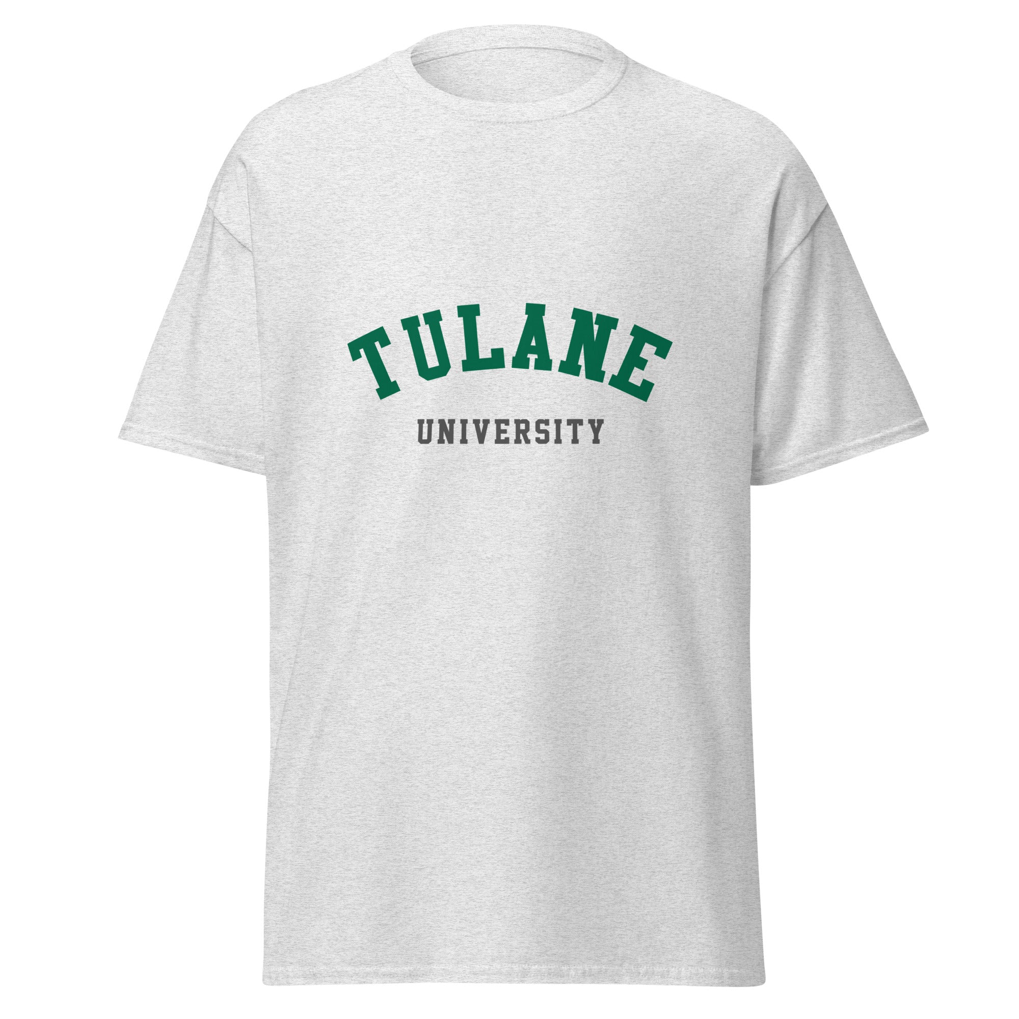 Unisex heather gray t-shirt featuring Tulane University logo printed across the front chest
