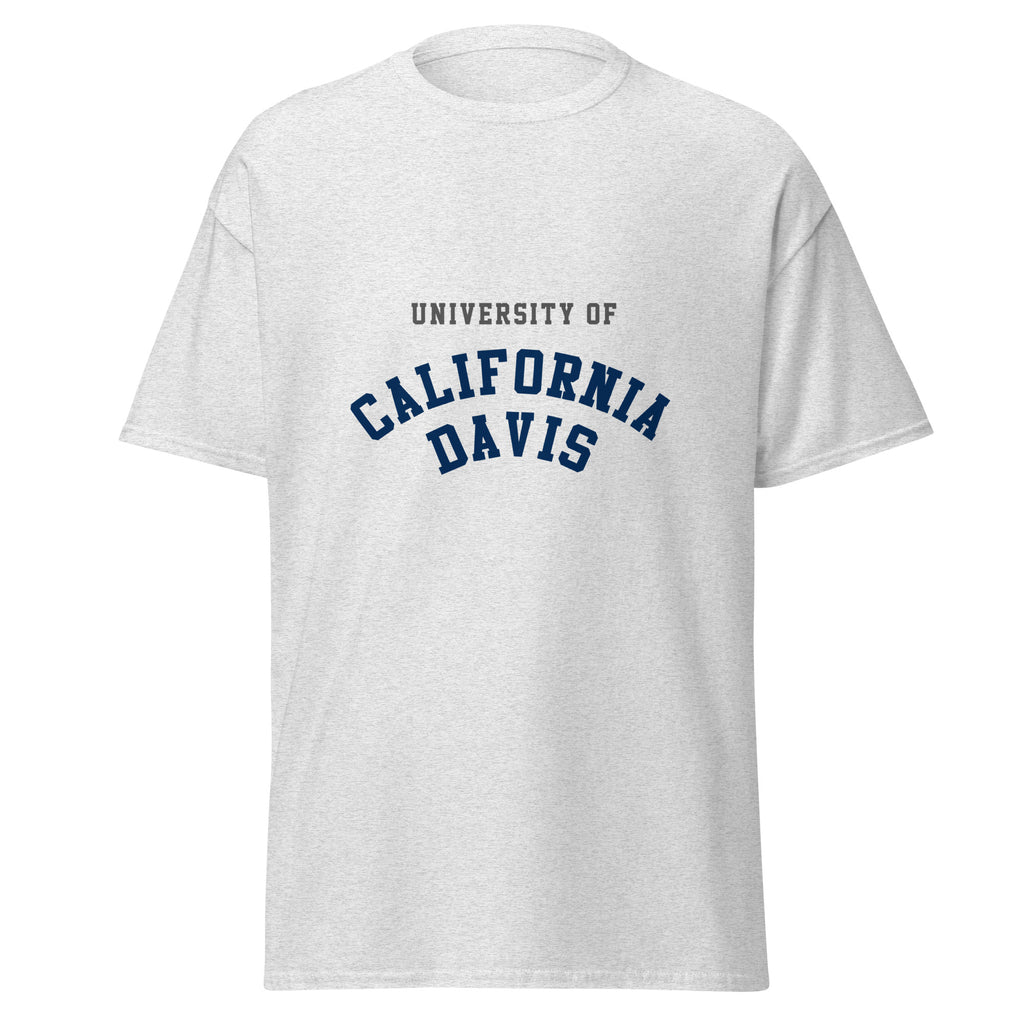 Unisex heather gray t-shirt featuring UC Davis logo printed across the front chest