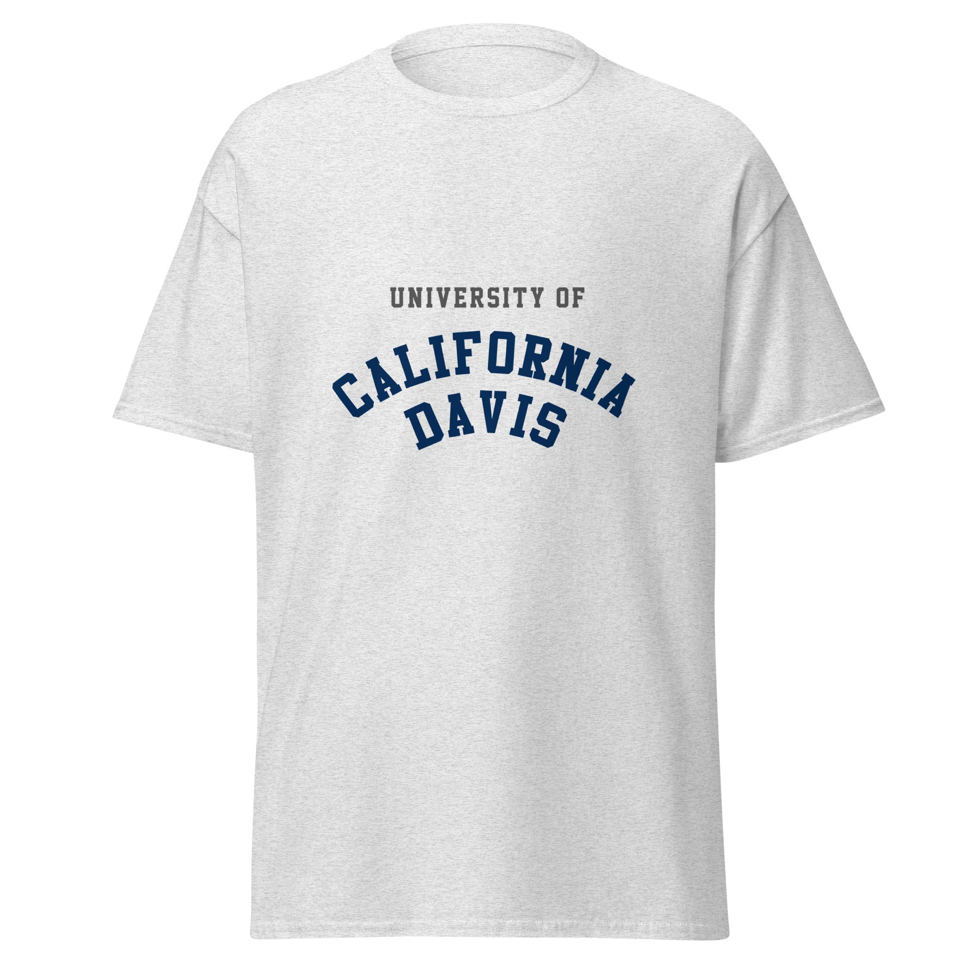 Unisex heather gray t-shirt featuring UC Davis logo printed across the front chest
