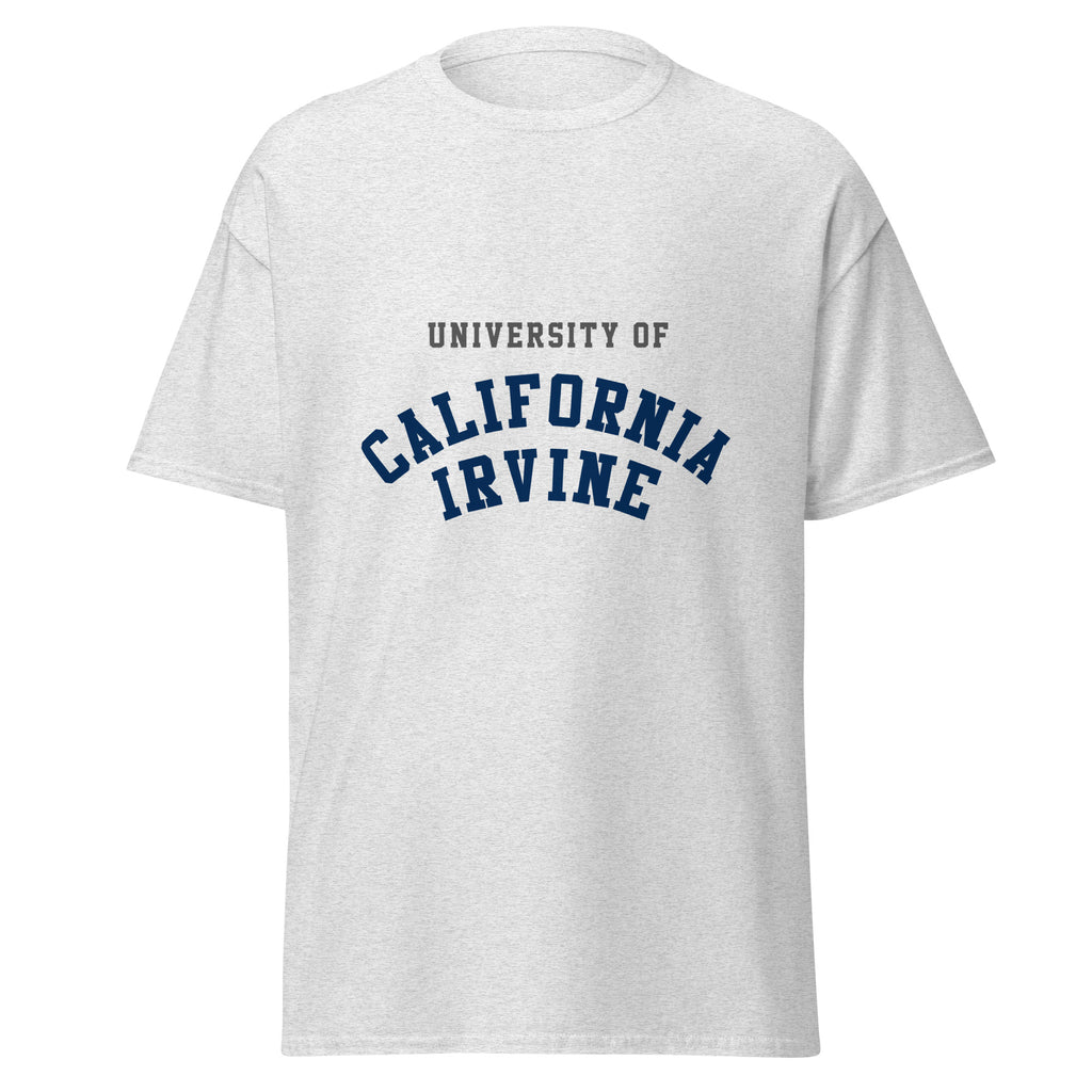 Unisex heather gray t-shirt featuring UC Irvine logo printed across the front chest
