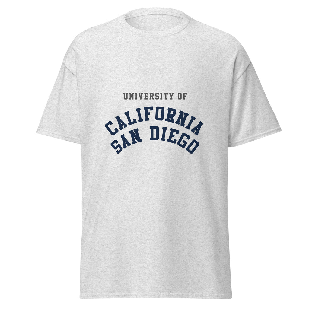 Unisex heather gray t-shirt featuring UC San Diego logo printed across the front chest