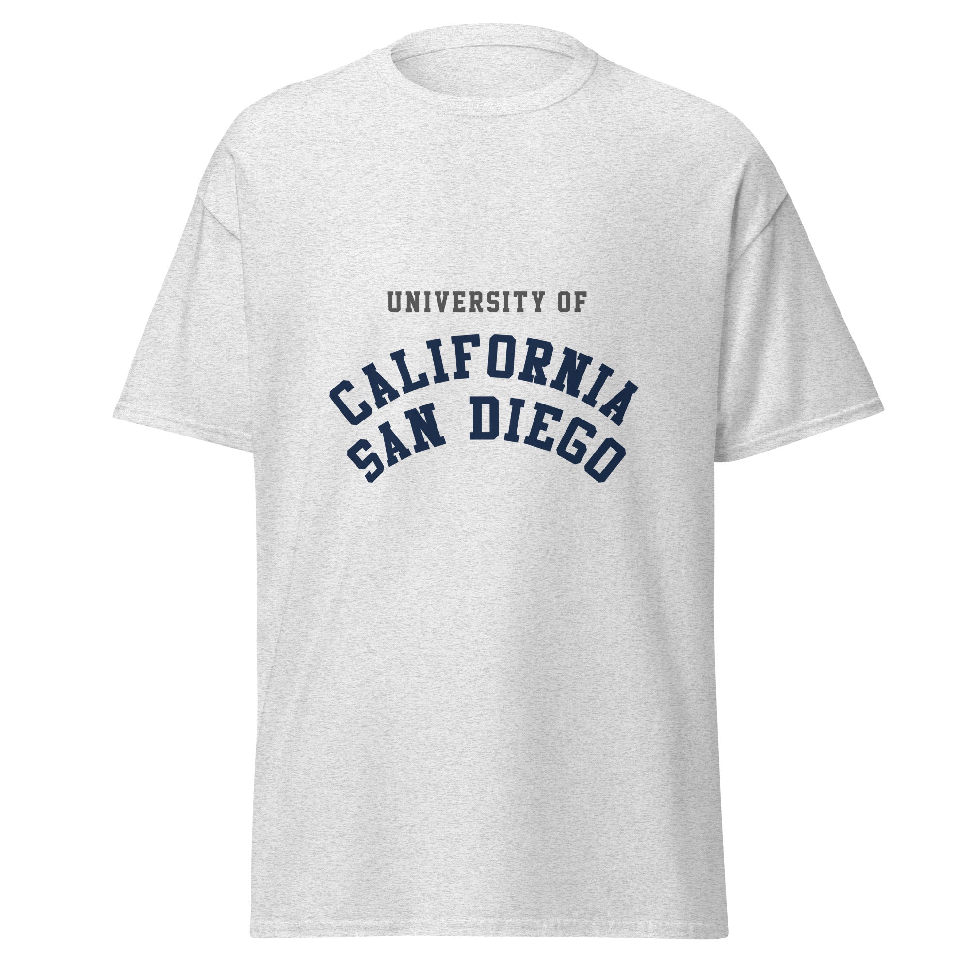 Unisex heather gray t-shirt featuring UC San Diego logo printed across the front chest