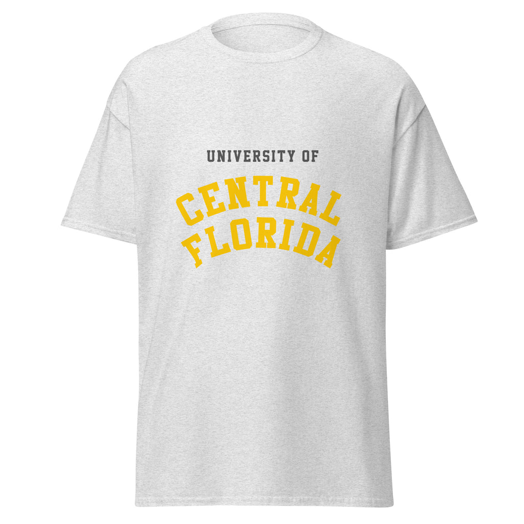 Unisex heather gray t-shirt featuring University of Central Florida logo printed across the front chest