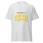 Unisex heather gray t-shirt featuring University of Central Florida logo printed across the front chest