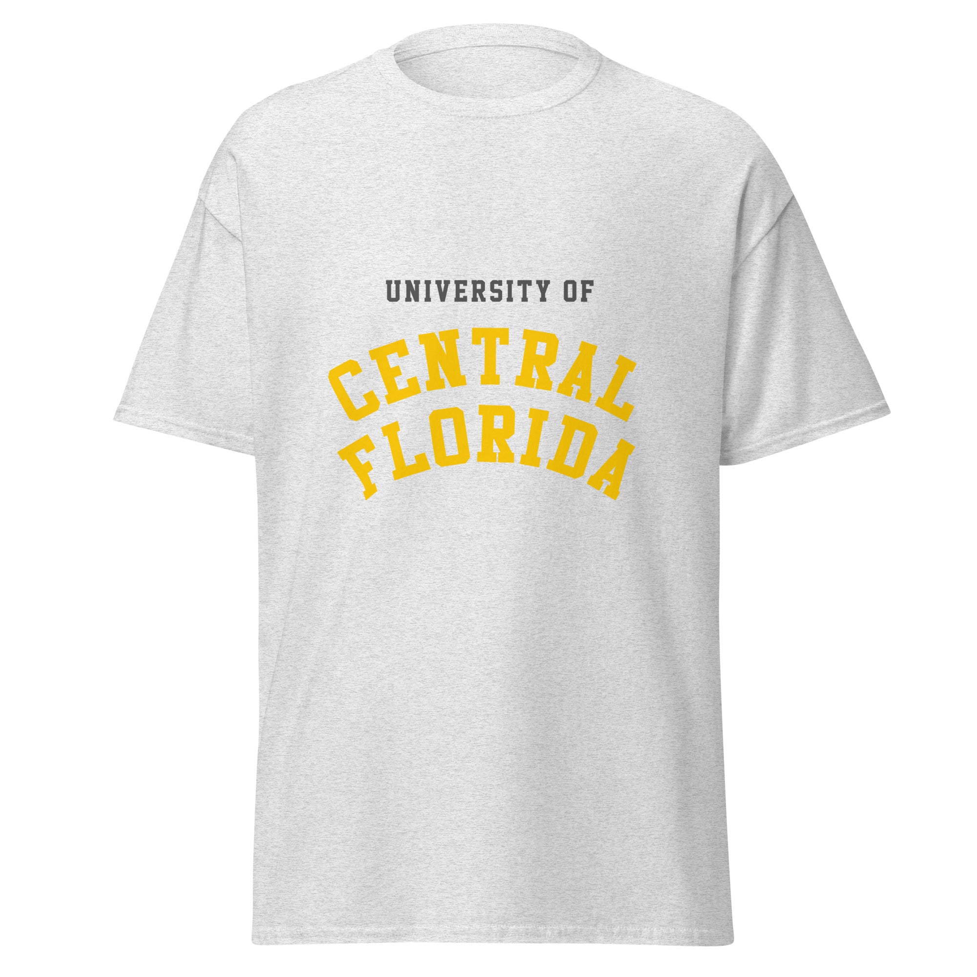 Unisex heather gray t-shirt featuring University of Central Florida logo printed across the front chest