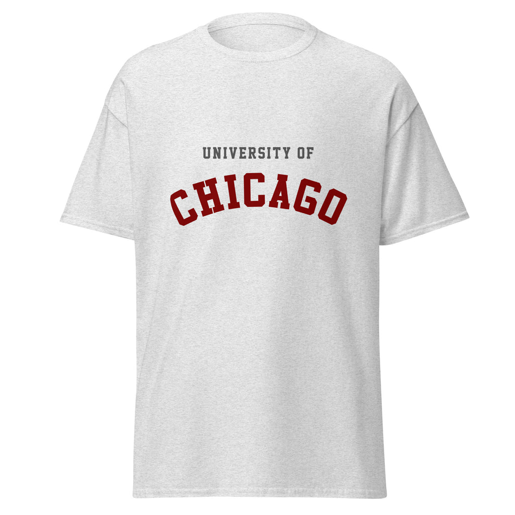 Unisex heather gray t-shirt featuring University of Chicago logo printed across the front chest