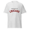 Unisex heather gray t-shirt featuring University of Chicago logo printed across the front chest