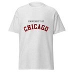 Unisex heather gray t-shirt featuring University of Chicago logo printed across the front chest