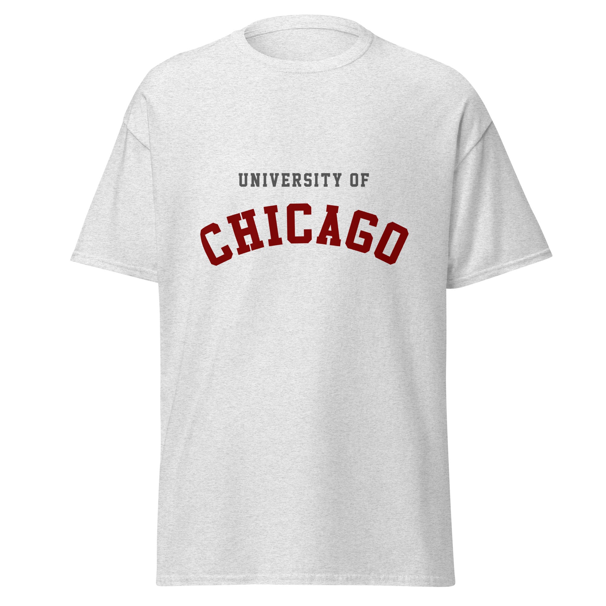 Unisex heather gray t-shirt featuring University of Chicago logo printed across the front chest