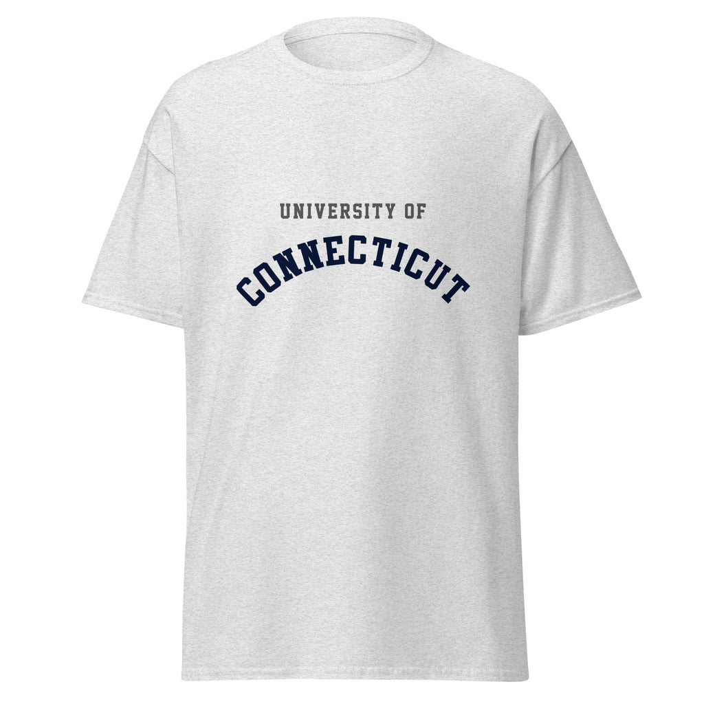 Unisex heather gray t-shirt featuring University of Connecticut logo printed across the front chest