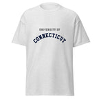 Unisex heather gray t-shirt featuring University of Connecticut logo printed across the front chest