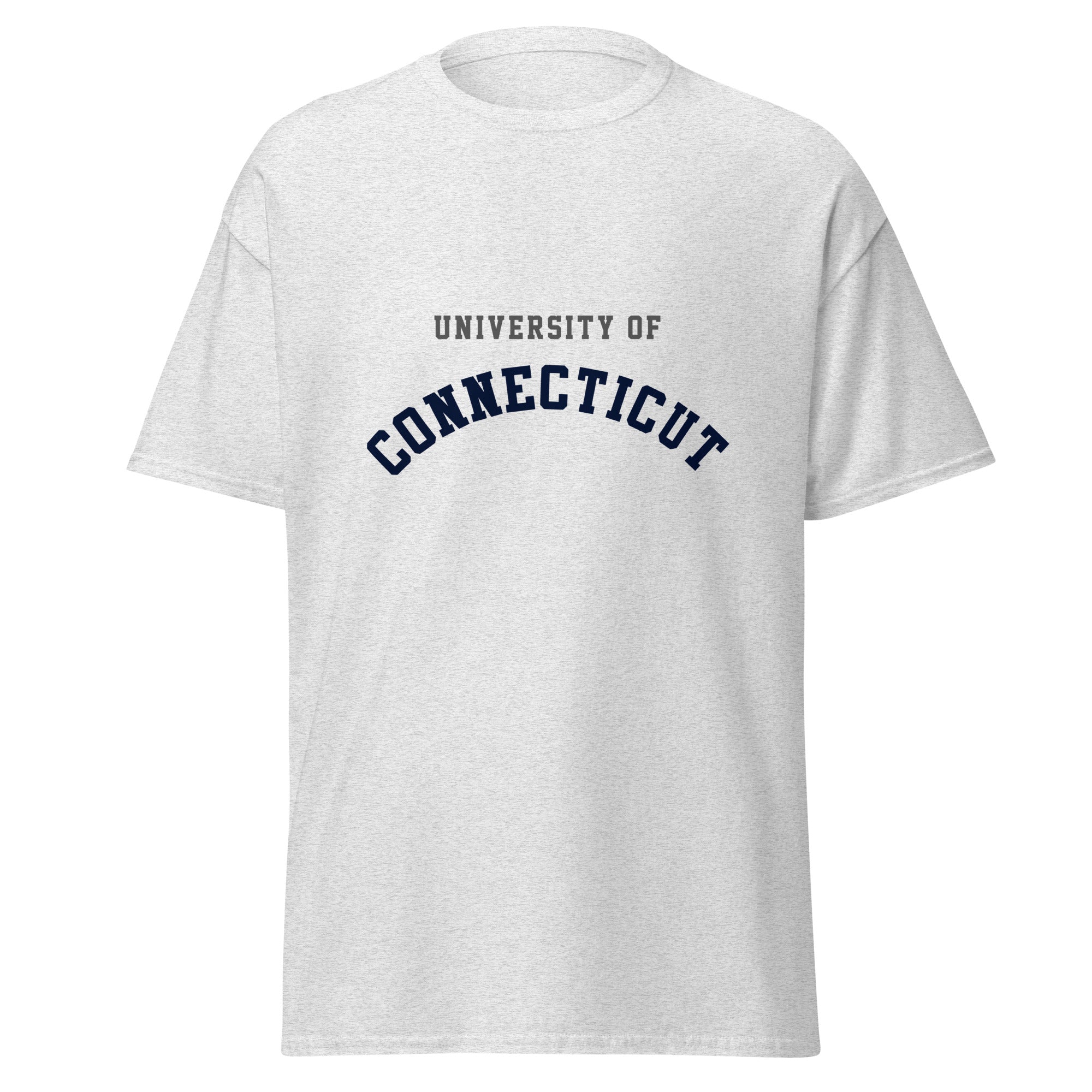 Unisex heather gray t-shirt featuring University of Connecticut logo printed across the front chest