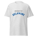 Unisex heather gray t-shirt featuring University of Delaware logo printed across the front chest
