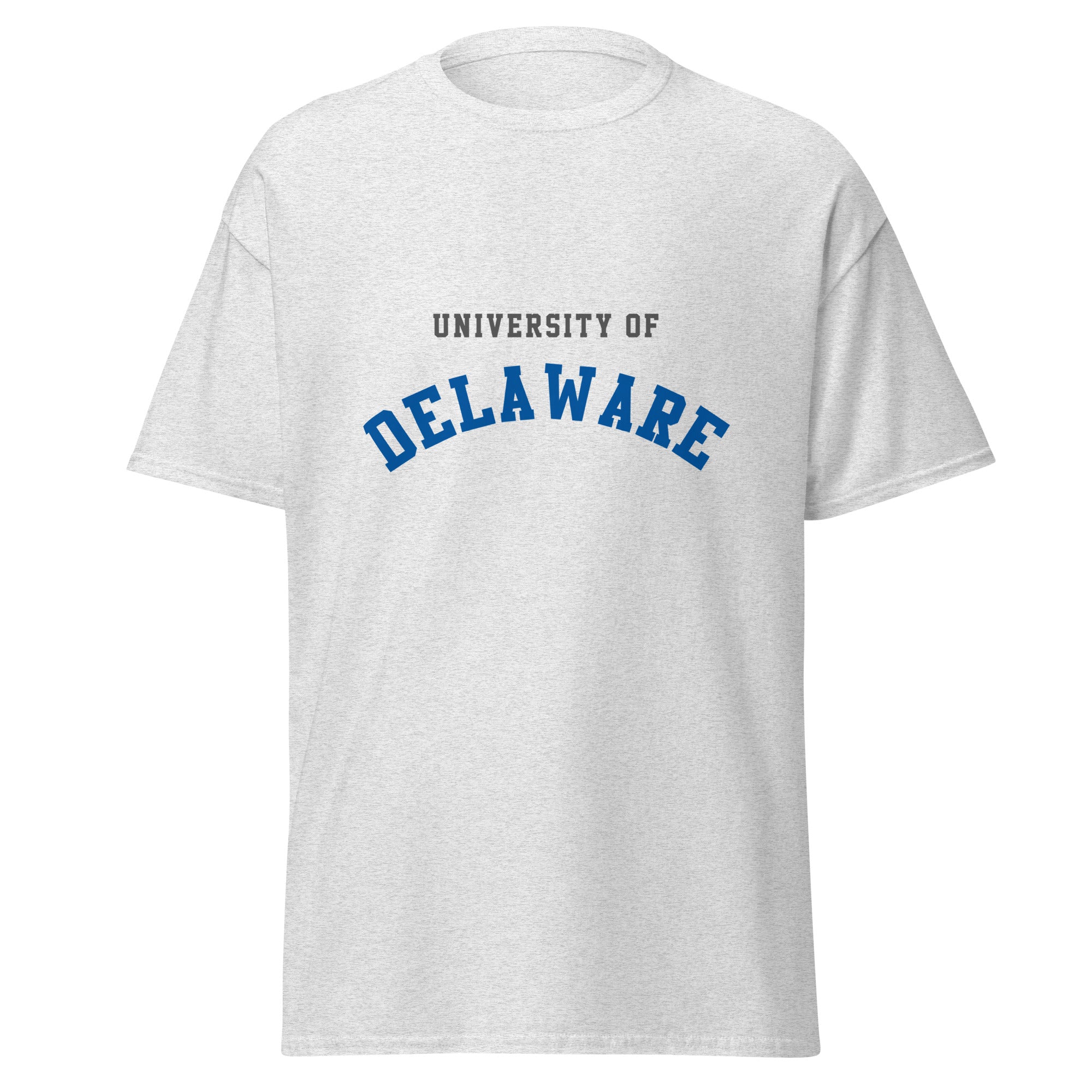 Unisex heather gray t-shirt featuring University of Delaware logo printed across the front chest