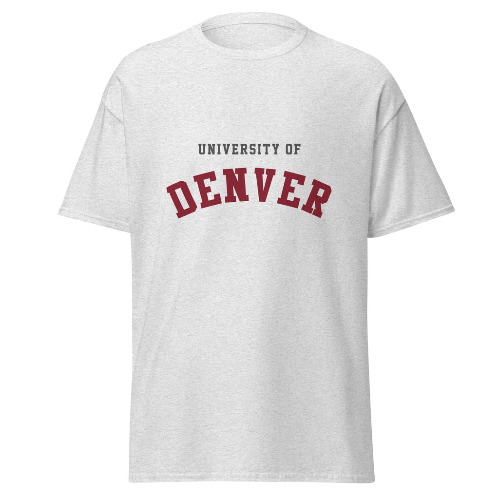 Unisex heather gray t-shirt featuring University of Denver logo printed across the front chest