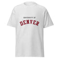 Unisex heather gray t-shirt featuring University of Denver logo printed across the front chest