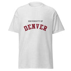 Unisex heather gray t-shirt featuring University of Denver logo printed across the front chest