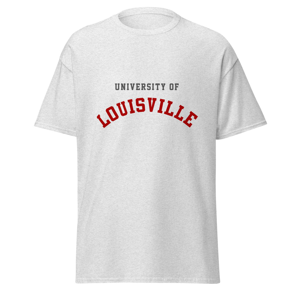 Unisex heather gray t-shirt featuring University of Louisville logo printed across the front chest