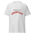 Unisex heather gray t-shirt featuring University of Louisville logo printed across the front chest