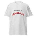 Unisex heather gray t-shirt featuring University of Louisville logo printed across the front chest