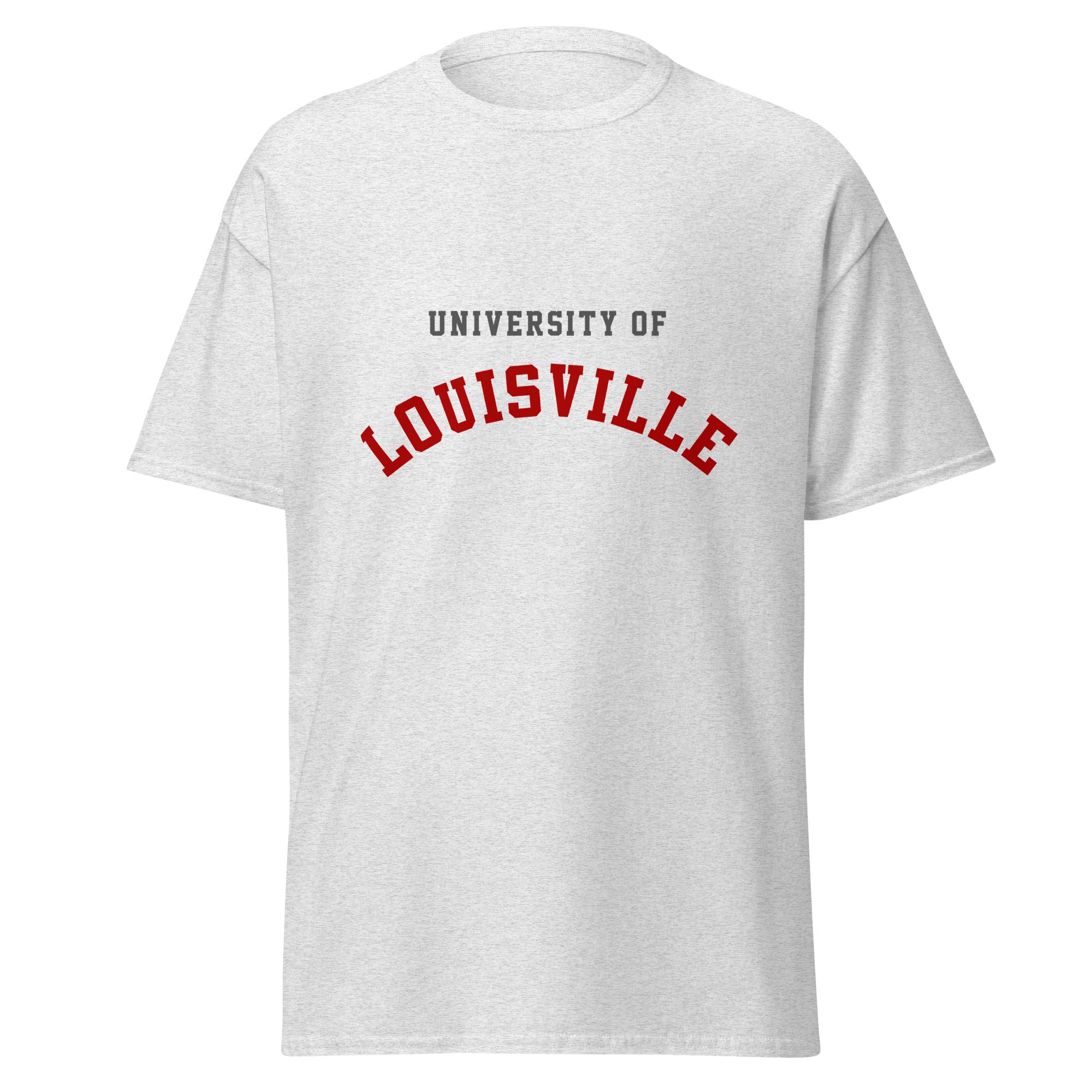 Unisex heather gray t-shirt featuring University of Louisville logo printed across the front chest