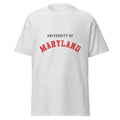 Unisex heather gray t-shirt featuring University of Maryland logo printed across the front chest