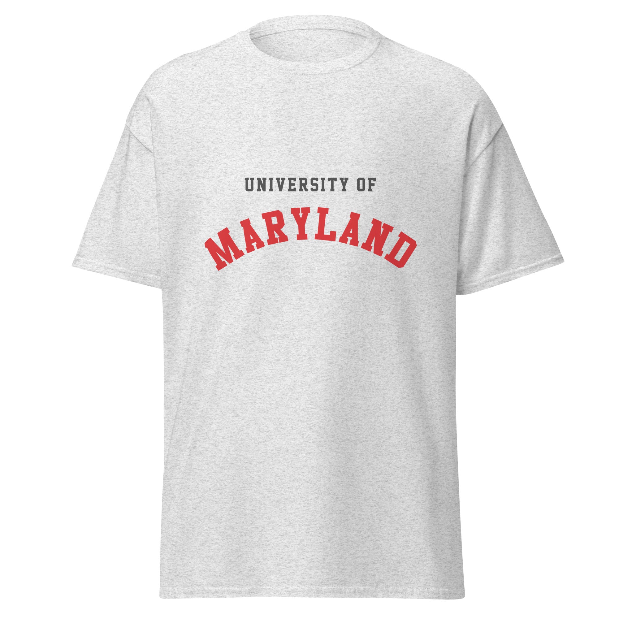 Unisex heather gray t-shirt featuring University of Maryland logo printed across the front chest