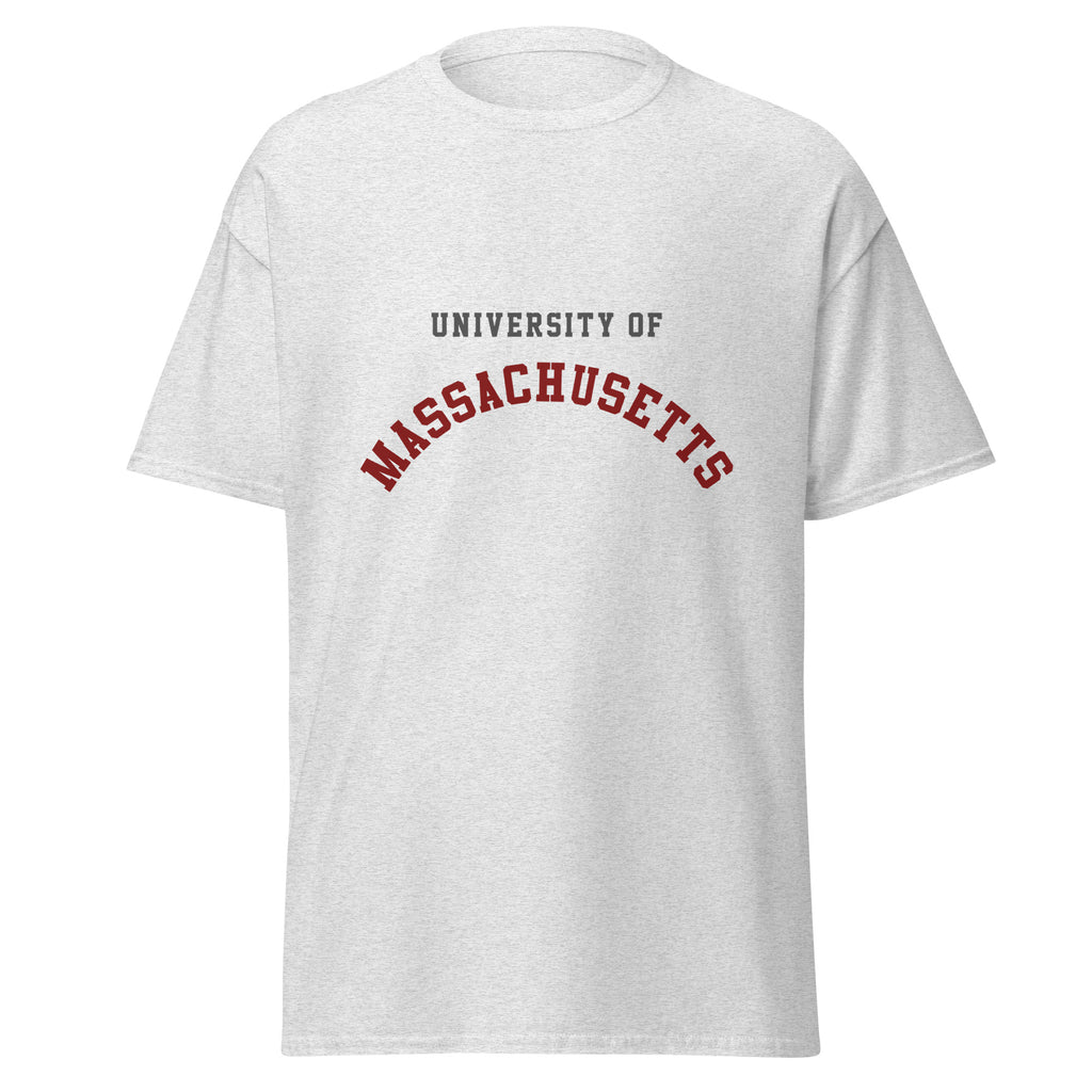 Unisex heather gray t-shirt featuring University of Massachusetts logo printed across the front chest