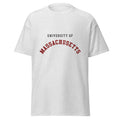 Unisex heather gray t-shirt featuring University of Massachusetts logo printed across the front chest