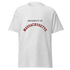 Unisex heather gray t-shirt featuring University of Massachusetts logo printed across the front chest