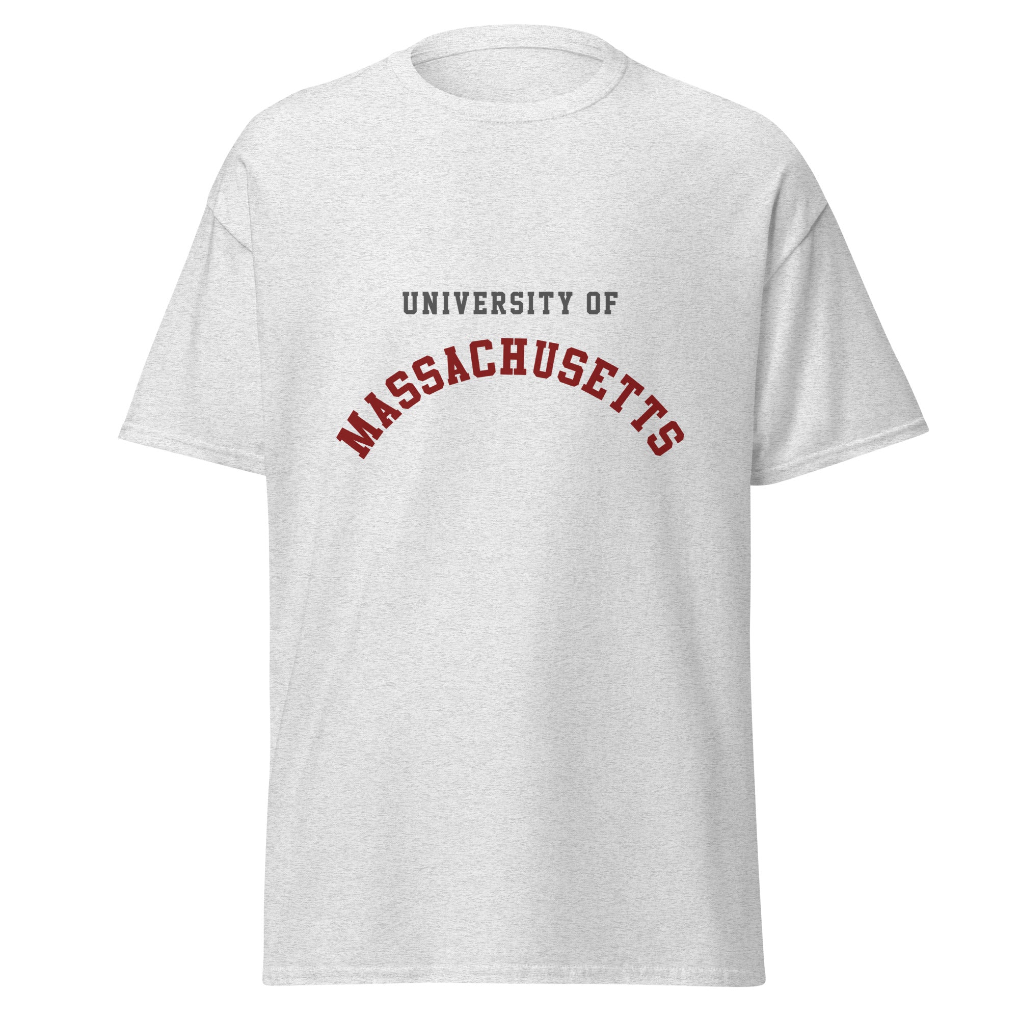 Unisex heather gray t-shirt featuring University of Massachusetts logo printed across the front chest