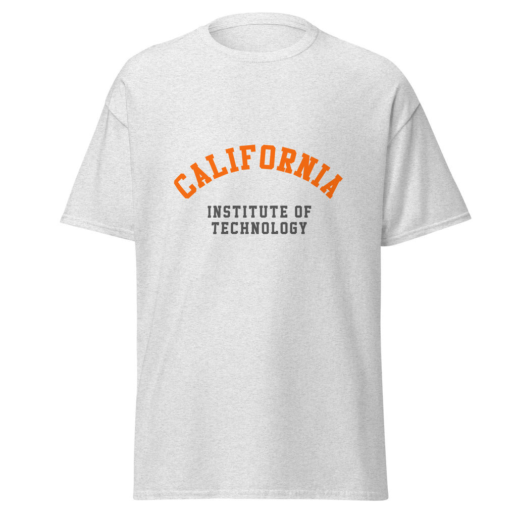 Unisex heather gray t-shirt featuring Caltech logo printed across the front chest