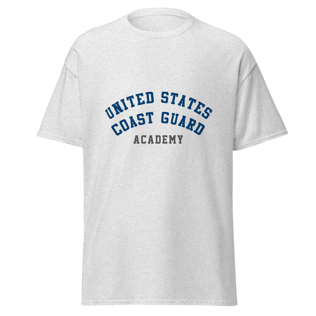 Unisex heather gray t-shirt featuring US Coast Guard Academy logo printed across the front chest
