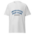Unisex heather gray t-shirt featuring US Coast Guard Academy logo printed across the front chest