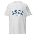 Unisex heather gray t-shirt featuring US Coast Guard Academy logo printed across the front chest